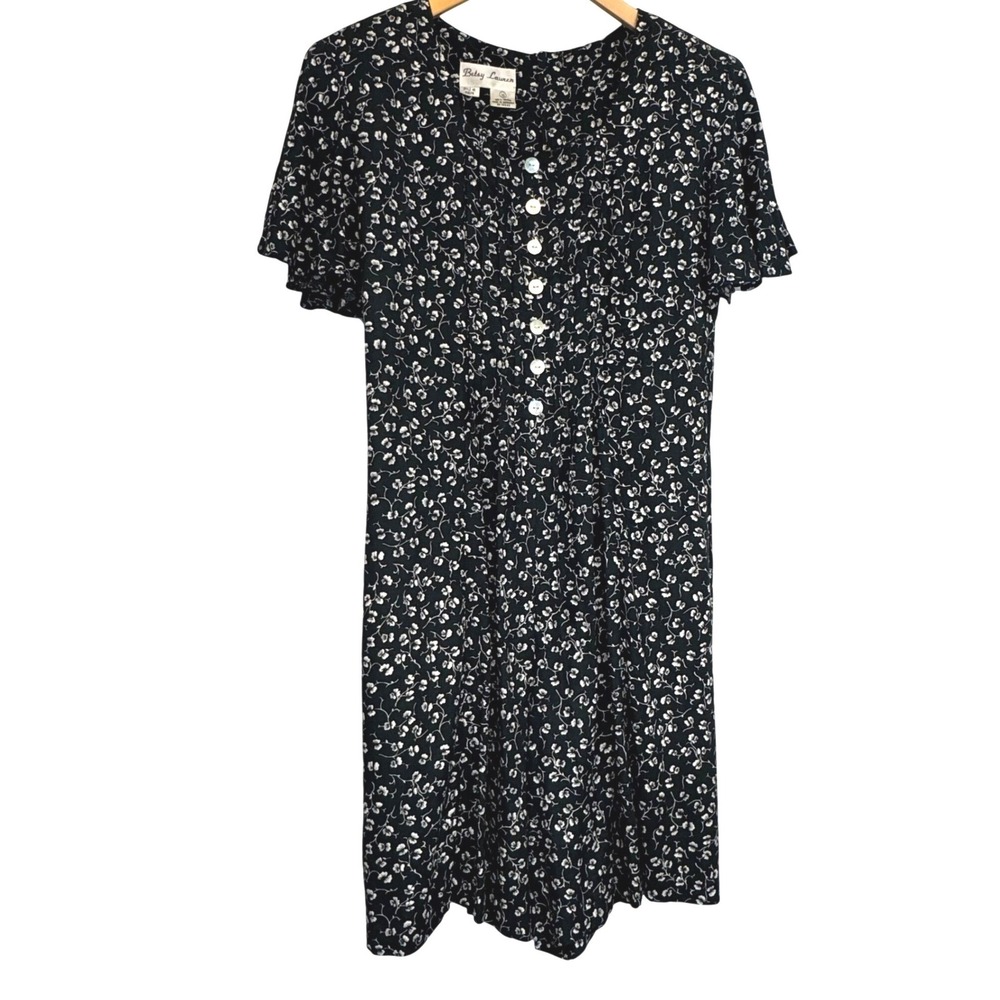 Betsy Lauren Vintage 90s Floral Rayon Button Front Mini Dress Black White Sz 14